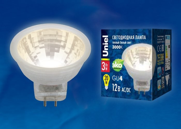 Лампа светодиодная Uniel (UL-00001700) GU4 3W 3000K прозрачная LED-MR11-3W/WW/GU4 GLZ21TR. 