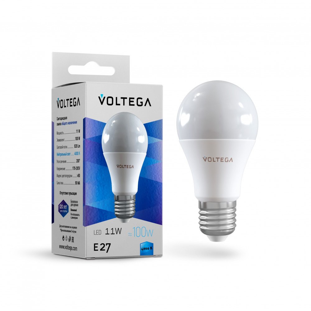 Лампа светодиодная Voltega E27 10.5W 4000К матовая VG2-A2E27cold11W 5738. 