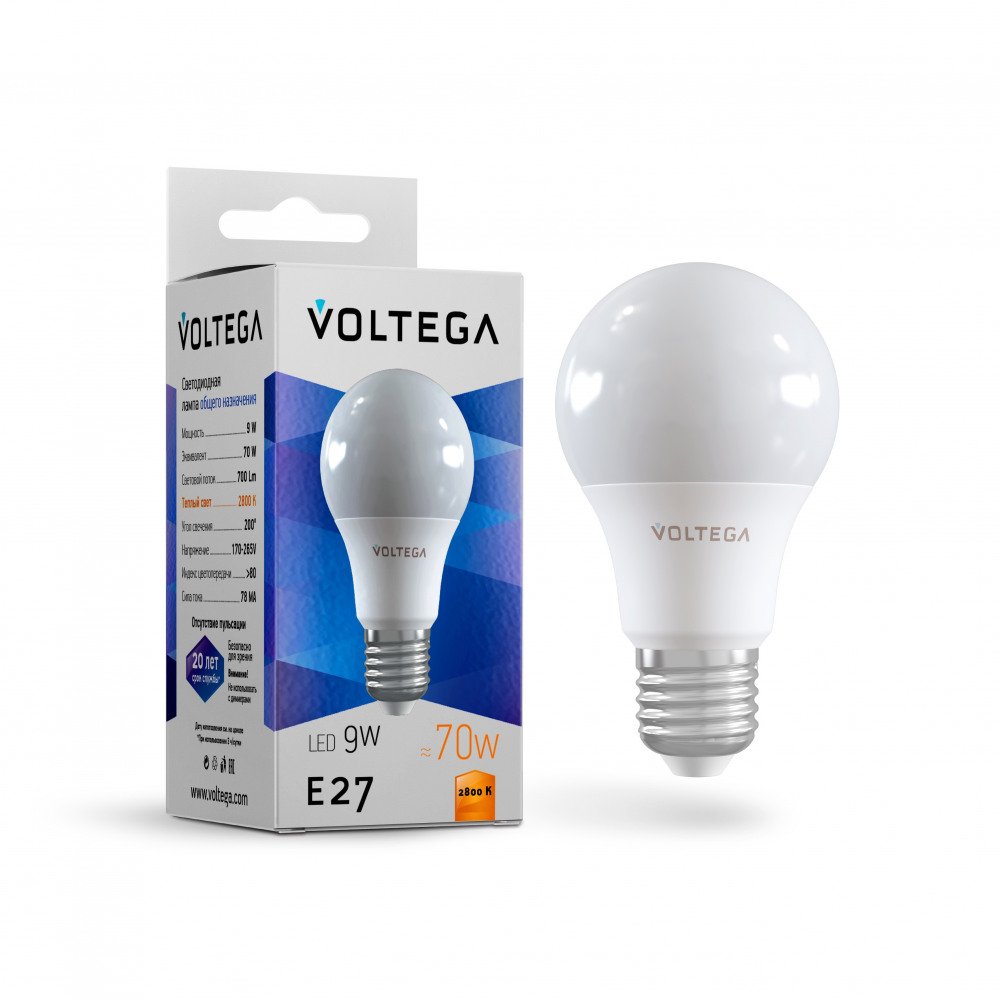Лампа светодиодная Voltega E27 9W 2800К матовая VG2-A2E27warm9W 8343. 