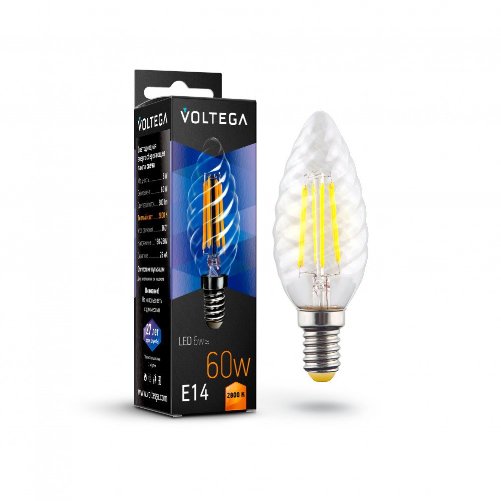 Лампа светодиодная Voltega E14 6W 2800К прозрачная VG10-CC1E14warm6W-F 7027. 