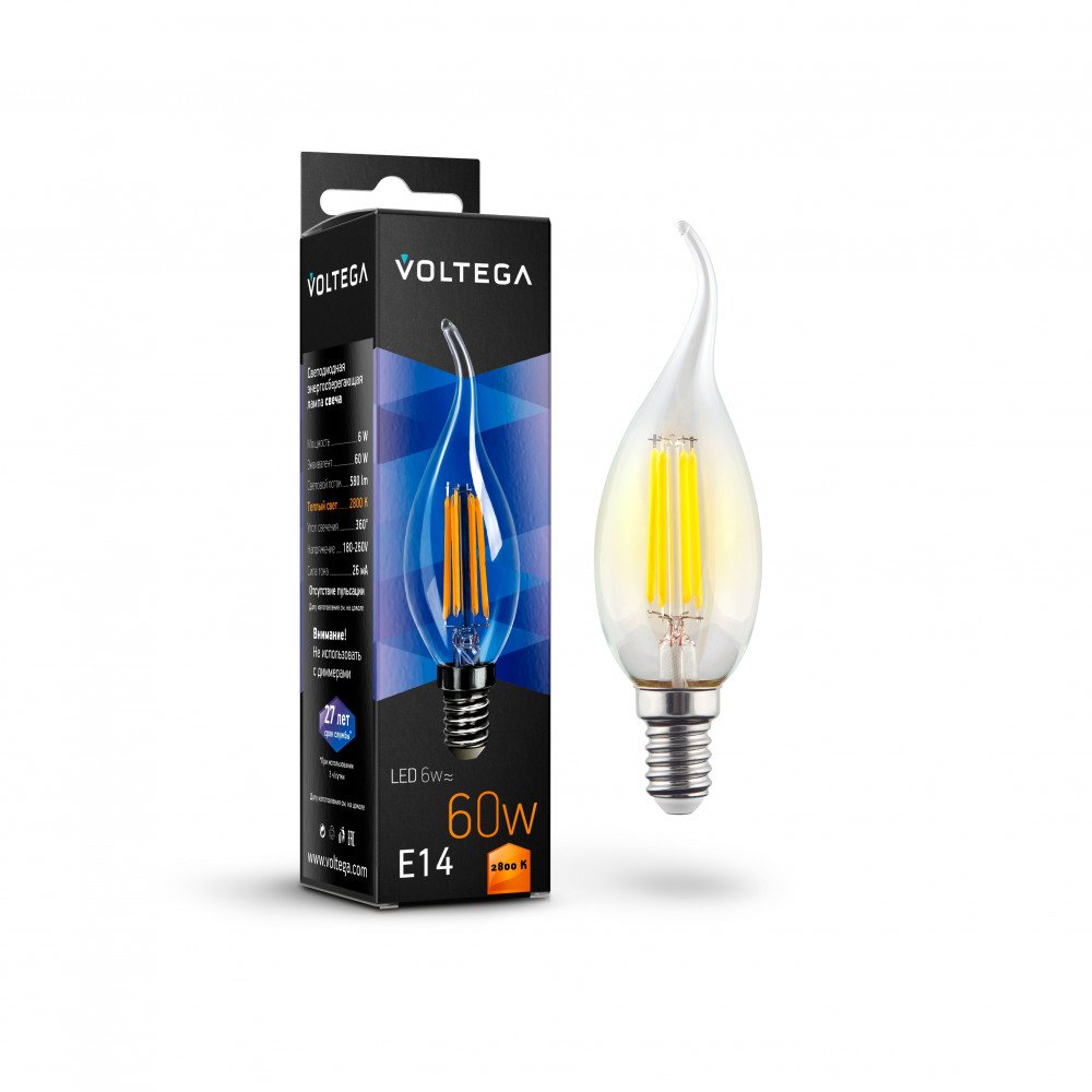 Лампа светодиодная Voltega E14 6W 2800К прозрачная VG10-CW1E14warm6W-F 7017. 