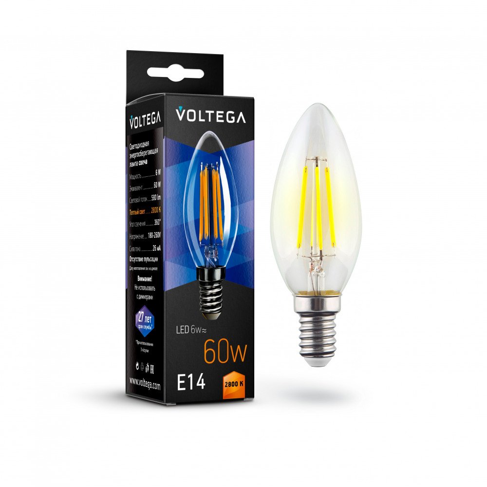 Лампа светодиодная Voltega E14 6W 2800К прозрачная VG10-C1E14warm6W-F 7019. 
