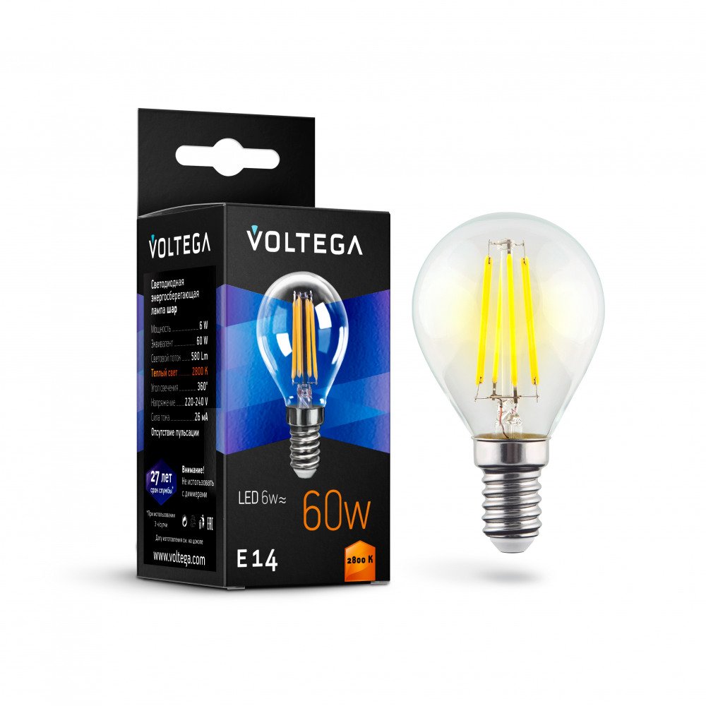 Лампа светодиодная Voltega E14 6W 2800К прозрачная VG10-G1E14warm6W-F 7021. 