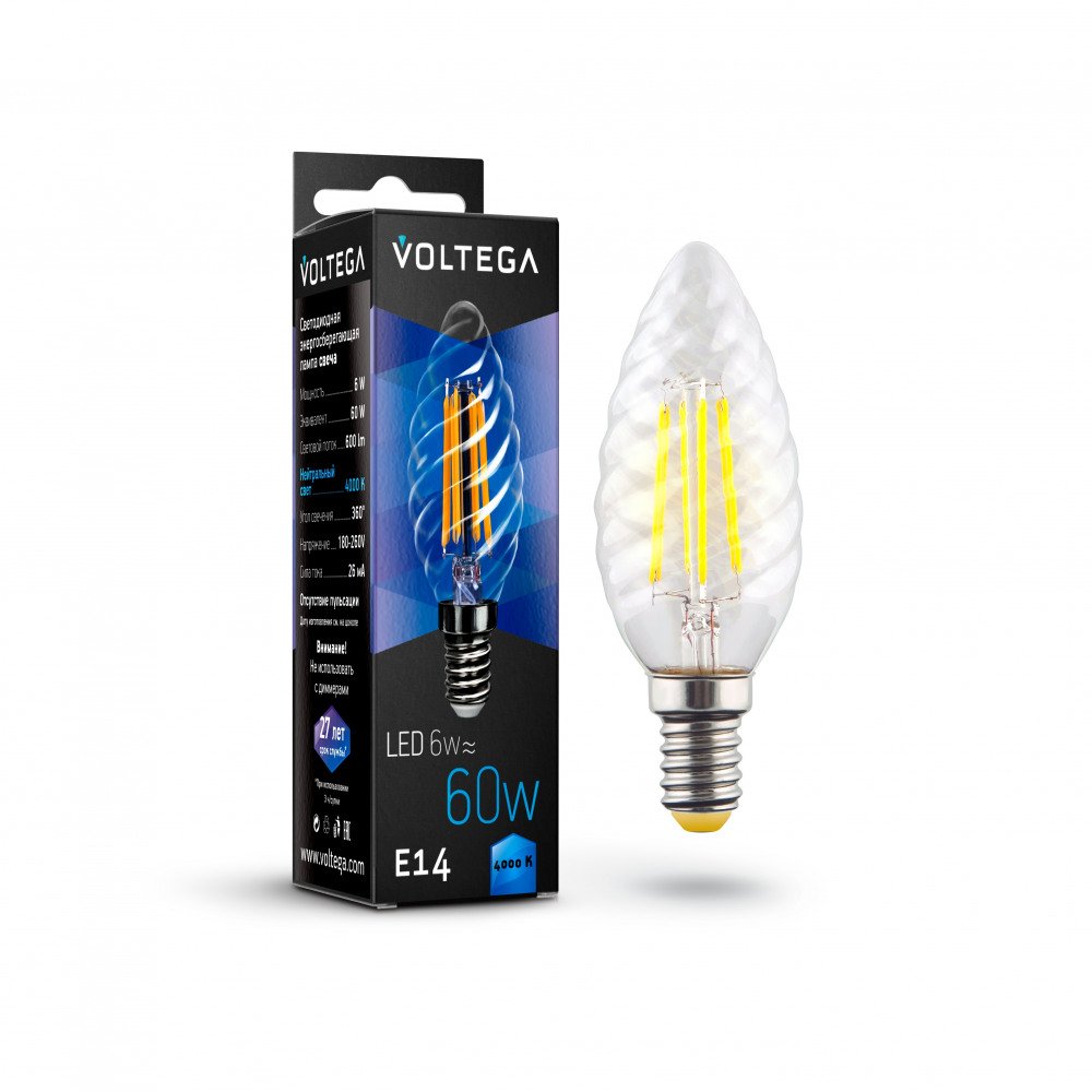 Лампа светодиодная Voltega E14 6W 4000К прозрачная VG10-CC1E14cold6W-F 7028. 