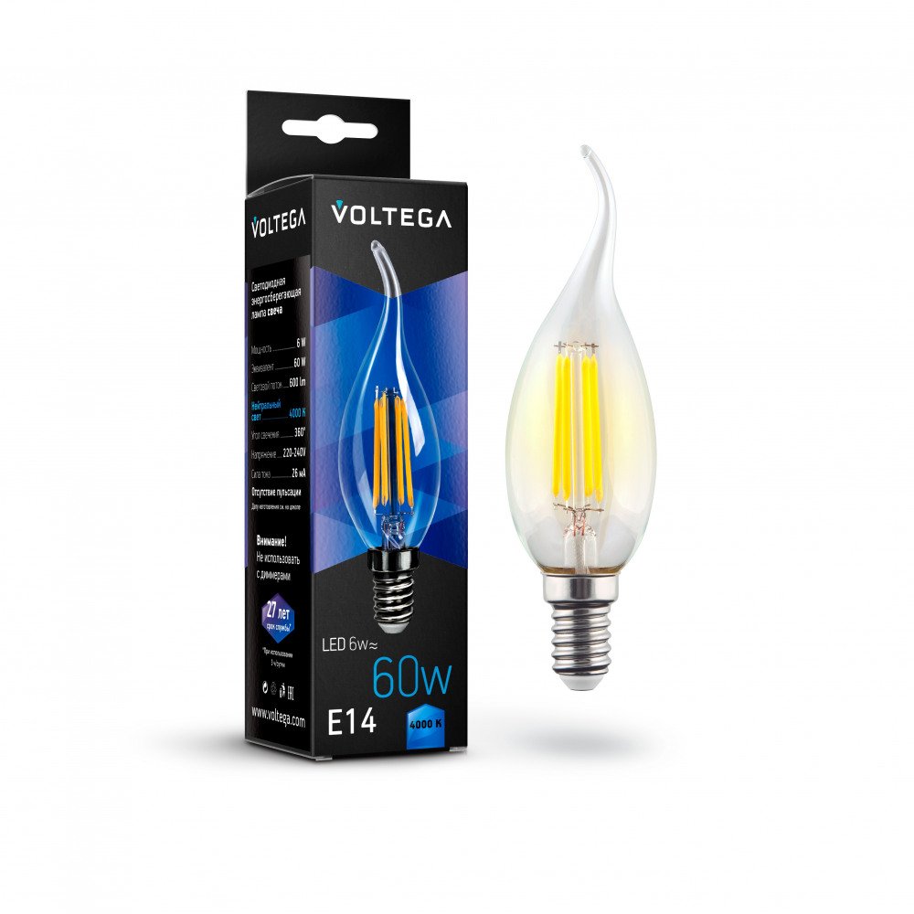 Лампа светодиодная Voltega E14 6W 4000К прозрачная VG10-CW1E14cold6W-F 7018. 