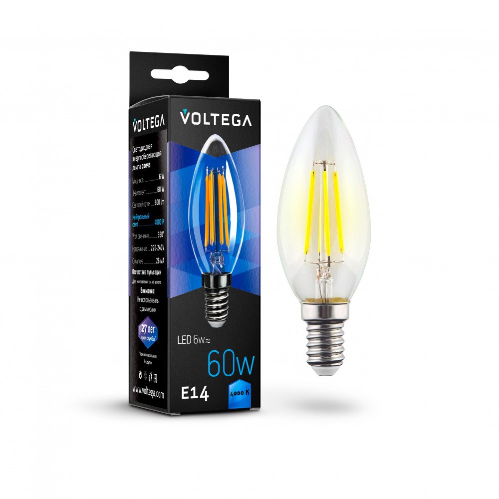 Лампа светодиодная Voltega E14 6W 4000К прозрачная VG10-C1E14cold6W-F 7020. 