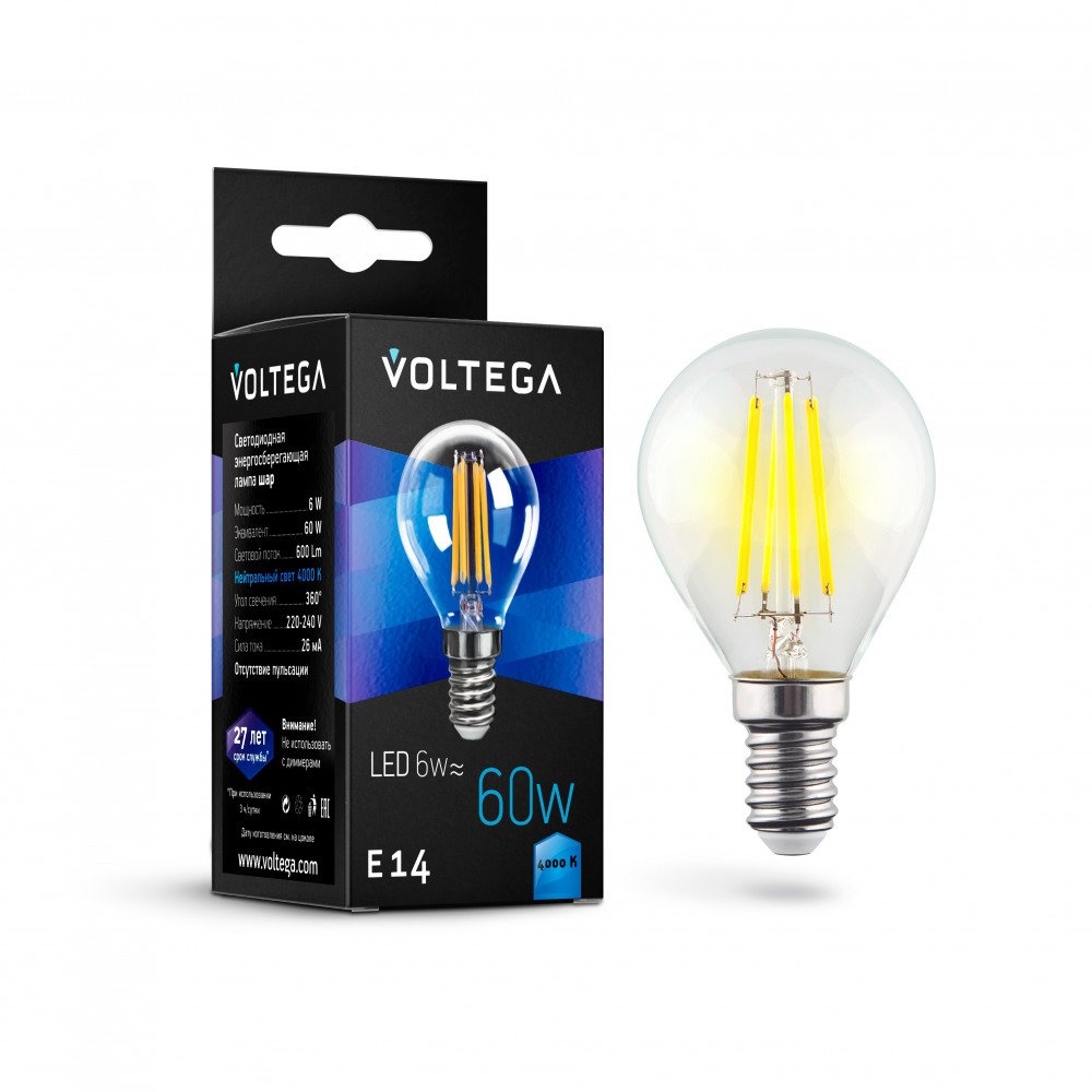 Лампа светодиодная Voltega E14 6W 4000К прозрачная VG10-G1E14cold6W-F 7022. 