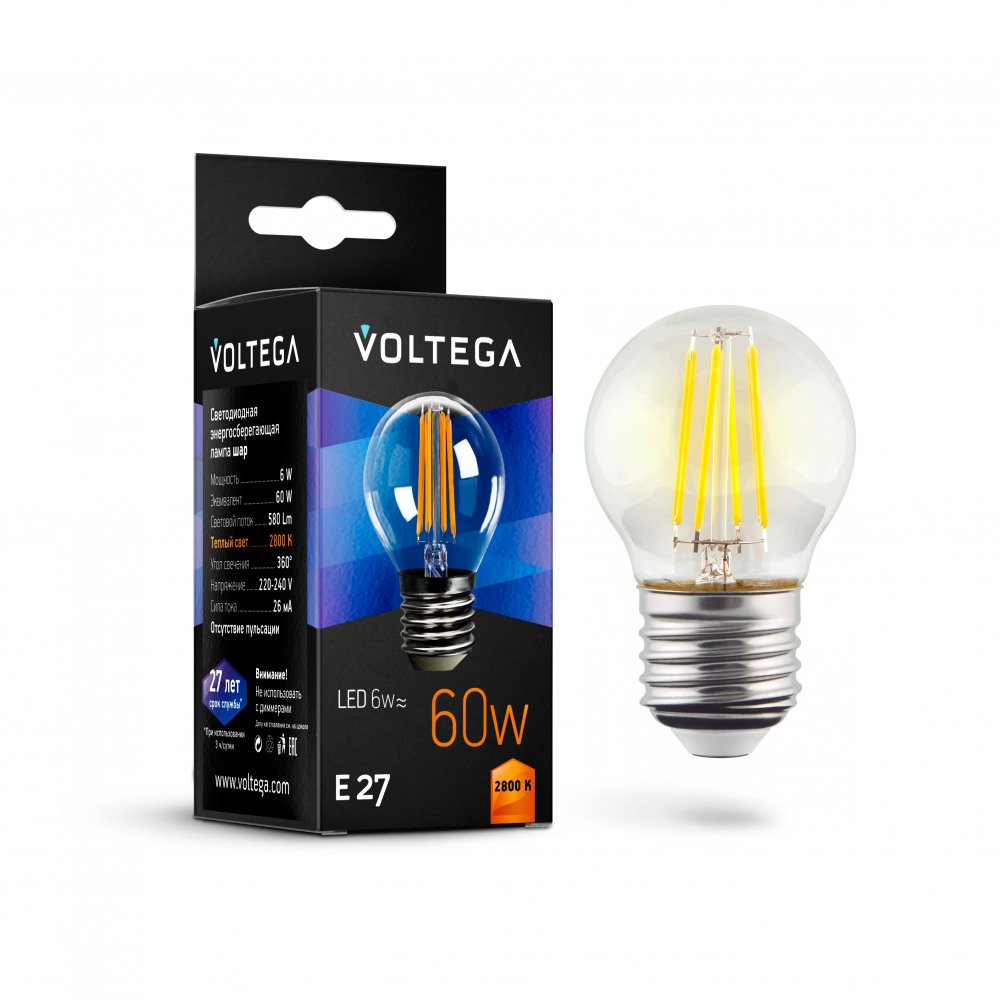 Лампа светодиодная Voltega E27 6W 2800К прозрачная VG10-G1E27warm6W-F 7023. 