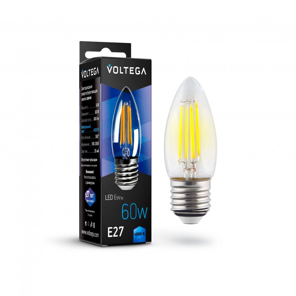 Лампа светодиодная Voltega E27 6W 4000К прозрачная VG10-C1E27cold6W-F 7029. 