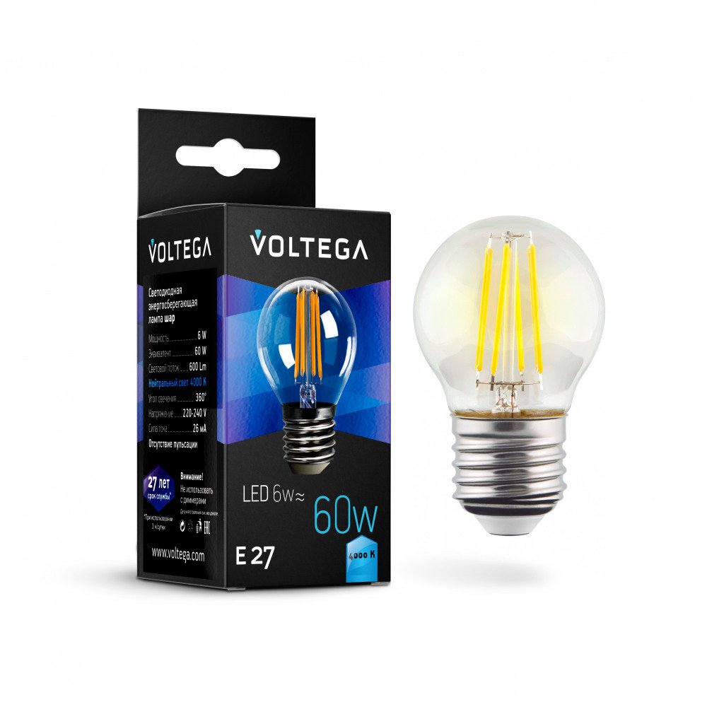 Лампа светодиодная Voltega E27 6W 4000К прозрачная VG10-G1E27cold6W-F 7024. 