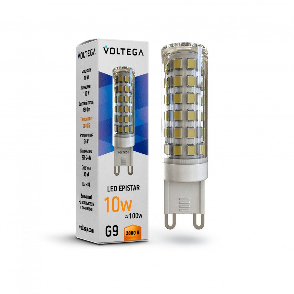 Лампа светодиодная Voltega G9 10W 2800К прозрачная VG9-K1G9warm10W 7038. 