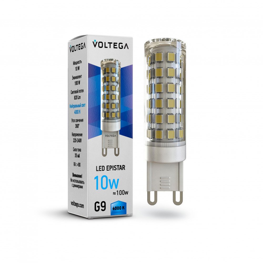 Лампа светодиодная Voltega G9 10W 4000К прозрачная VG9-K1G9cold10W 7039. 