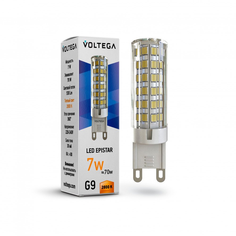 Лампа светодиодная Voltega G9 7W 2800К прозрачная VG9-K1G9warm7W 7036. 