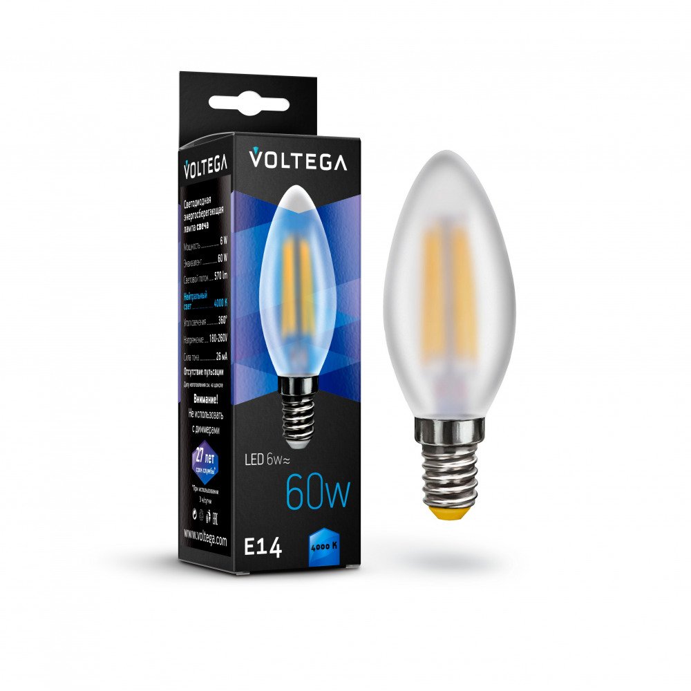 Лампа светодиодная Voltega E14 6W 4000К матовая VG10-C2E14cold6W-F 7045. 