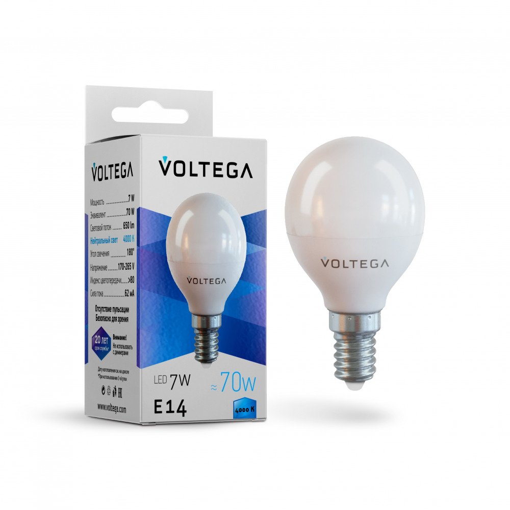 Лампа светодиодная Voltega E14 7W 4000К матовая VG2-G45E14cold7W 7055. 