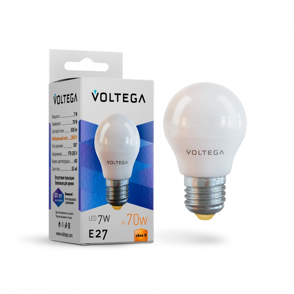 Лампа светодиодная Voltega E27 7W 2800К матовая VG2-G45E27warm7W 7052. 