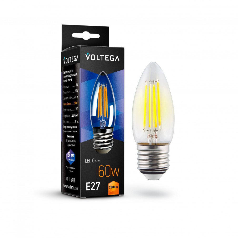 Лампа светодиодная Voltega E27 6W 2800K прозрачная VG10-C1E27warm6W-F 7046. 