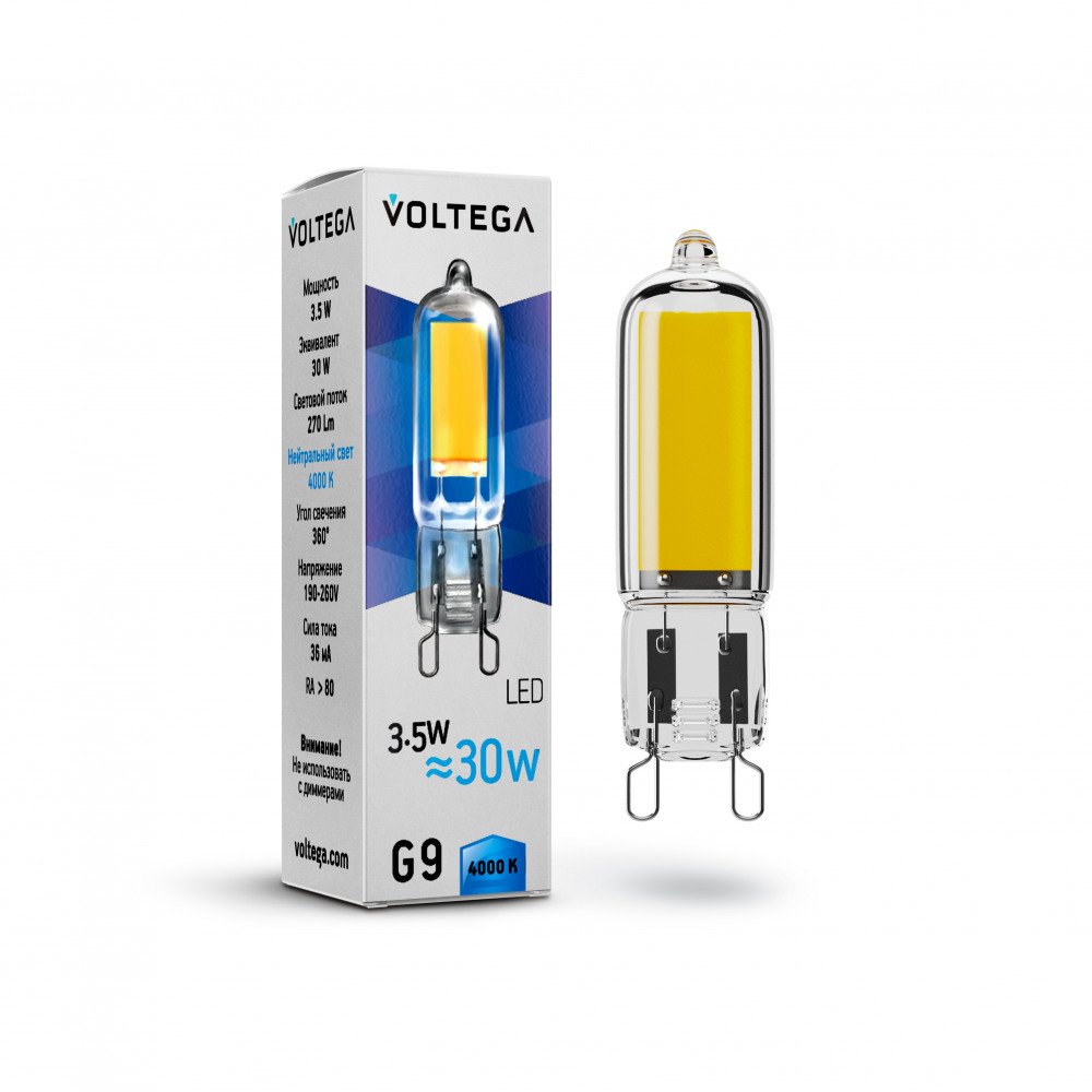 Лампа светодиодная Voltega G9 3,5W 4000К прозрачная VG9-K1G9cold3.5W 7089. 