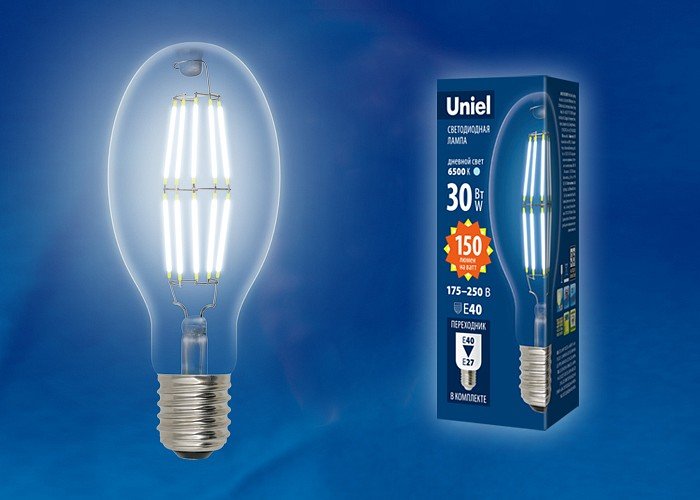 Лампа светодиодная Uniel (UL-00003760) E40 30W 4000K прозрачная LED-ED90-30W/NW/E40/CL GLP05TR. 
