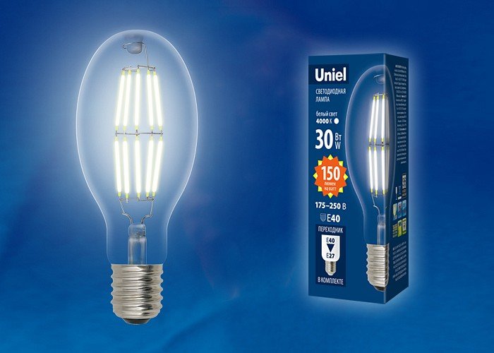 Лампа светодиодная Uniel (UL-00003761) E40 30W 6500K прозрачная LED-ED90-30W/DW/E40/CL GLP05TR. 