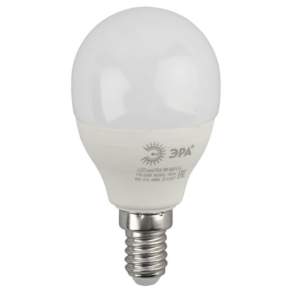 Лампа светодиодная ЭРА E14 9W 6000K матовая LED P45-9W-860-E14. 