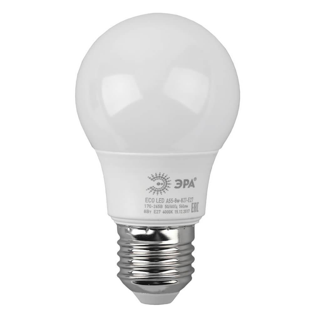 Лампа светодиодная ЭРА E27 8W 2700K матовая ECO LED A55-8W-827-E27. 