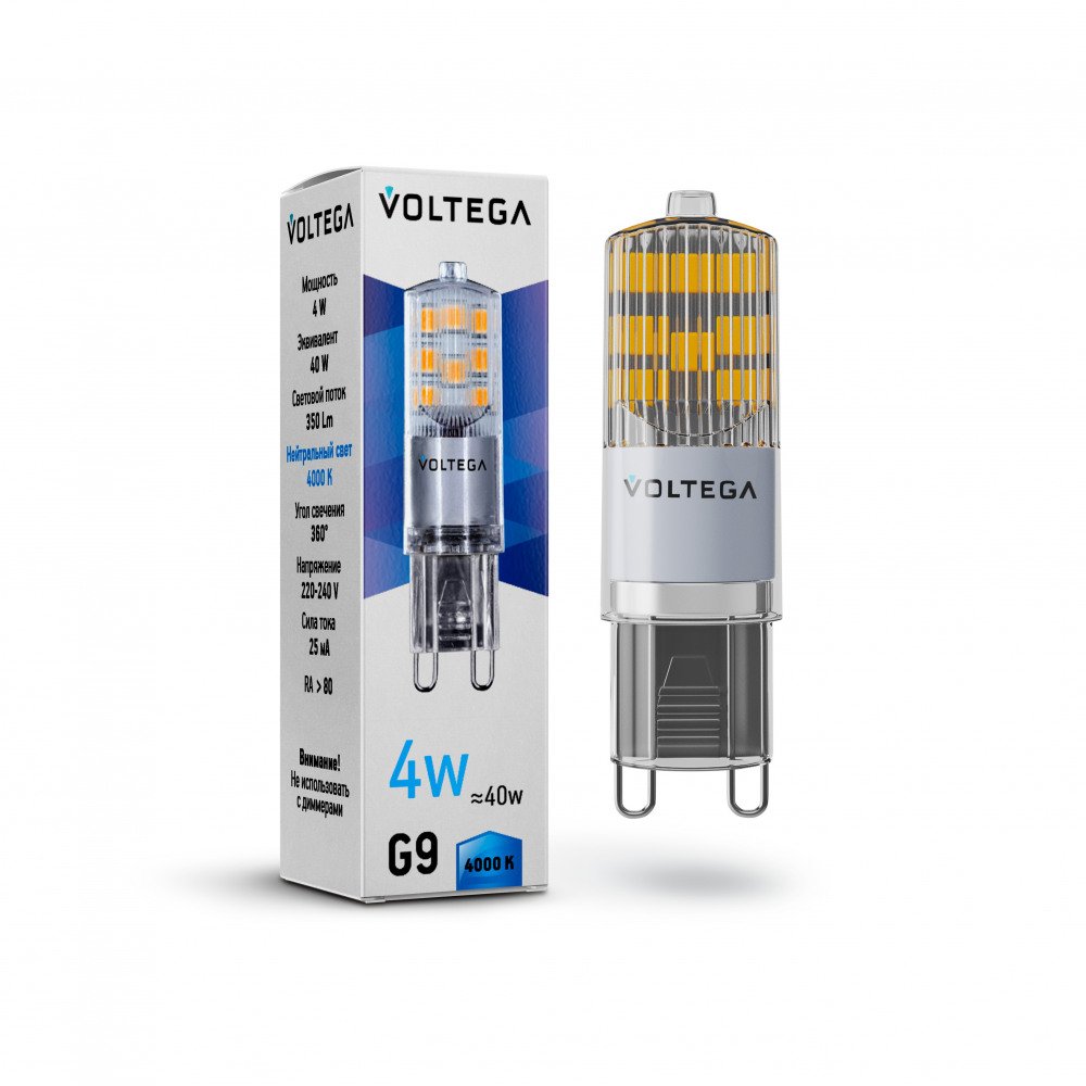 Лампа светодиодная Voltega G9 4W 4000К прозрачная VG9-K2G9cold4W 7125. 