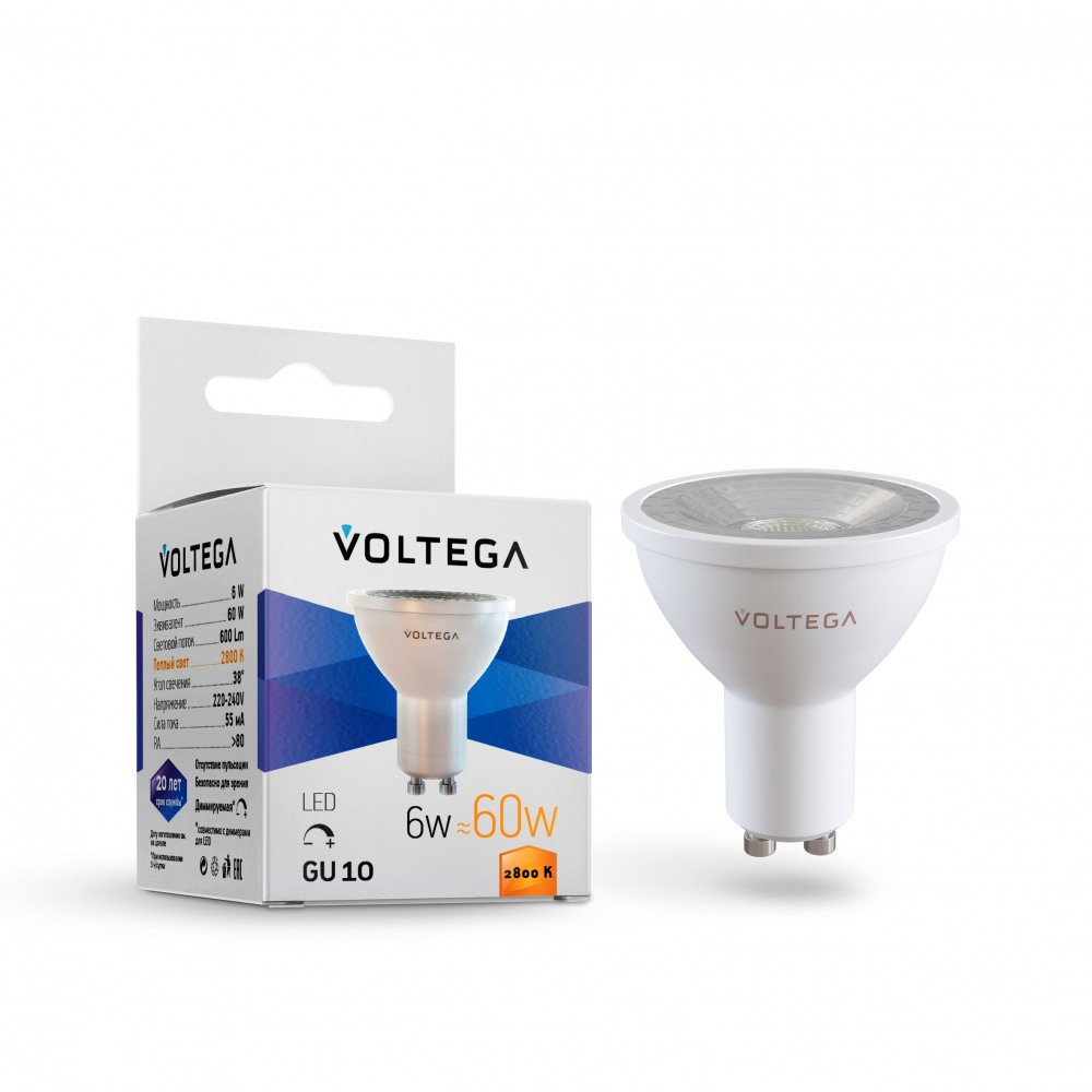 Лампа светодиодная Voltega GU10 6W 2800К прозрачная VG2-S1GU10warm6W-D 7108. 
