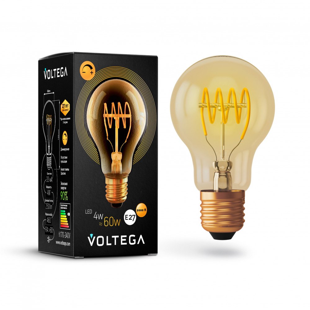 Лампа светодиодная Voltega диммируемая E27 4W 2800К прозрачная VG10-A60GE27warm4W-FB 7078. 
