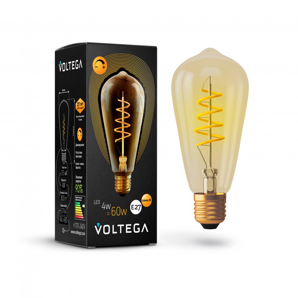 Лампа светодиодная Voltega диммируемая E27 4W 2800К прозрачная VG10-ST64GE27warm4W-FB 7077. 