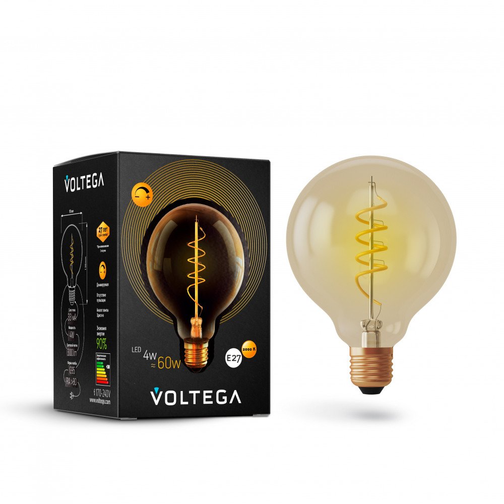 Лампа светодиодная Voltega диммируемая E27 4W 2800К прозрачная VG10-G95GE27warm4W-FB 7076. 