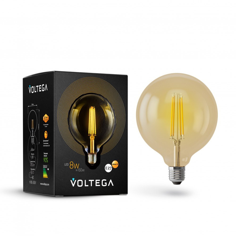 Лампа светодиодная филаментная Voltega диммируемая E27 8W 2800К золотая VG10-G125Gwarm8W 6838. 