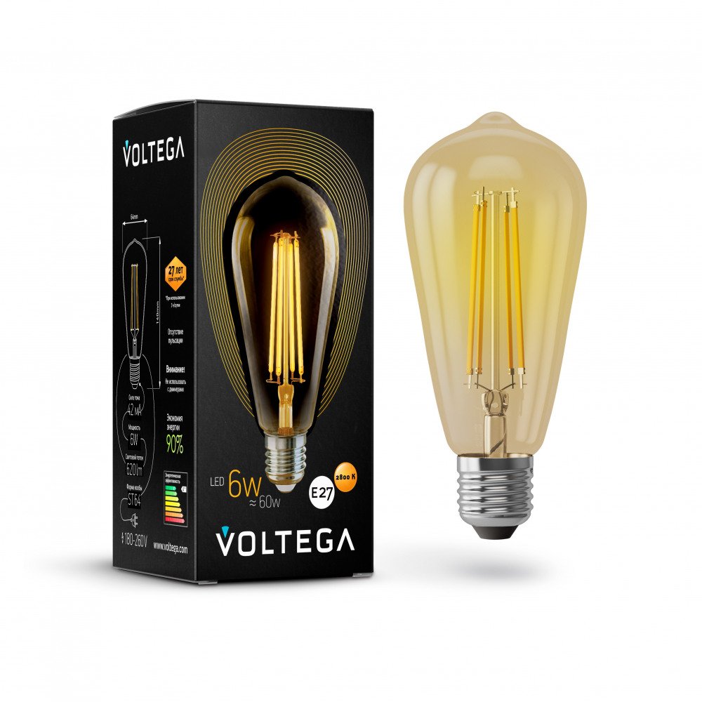 Лампа светодиодная филаментная Voltega E27 6W 2800К золотая VG10-ST64Gwarm6W 5526. 