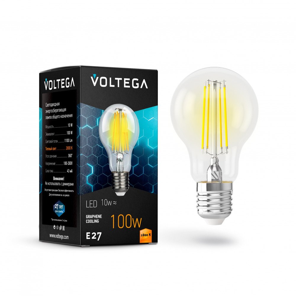 Лампа светодиодная филаментная Voltega E27 10W 2800К прозрачная VG10-А1E27warm10W-F 7102. 