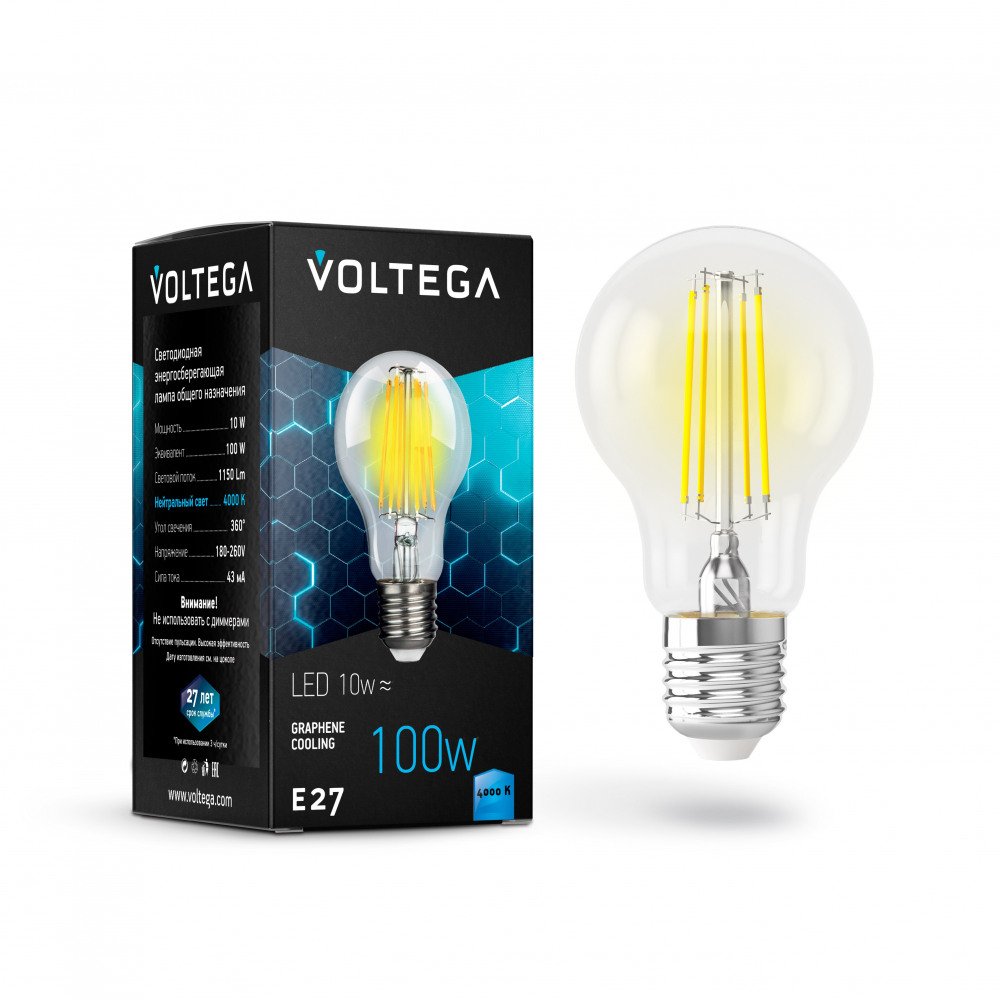 Лампа светодиодная филаментная Voltega E27 10W 4000К прозрачная VG10-А1E27cold10W-F 7101. 