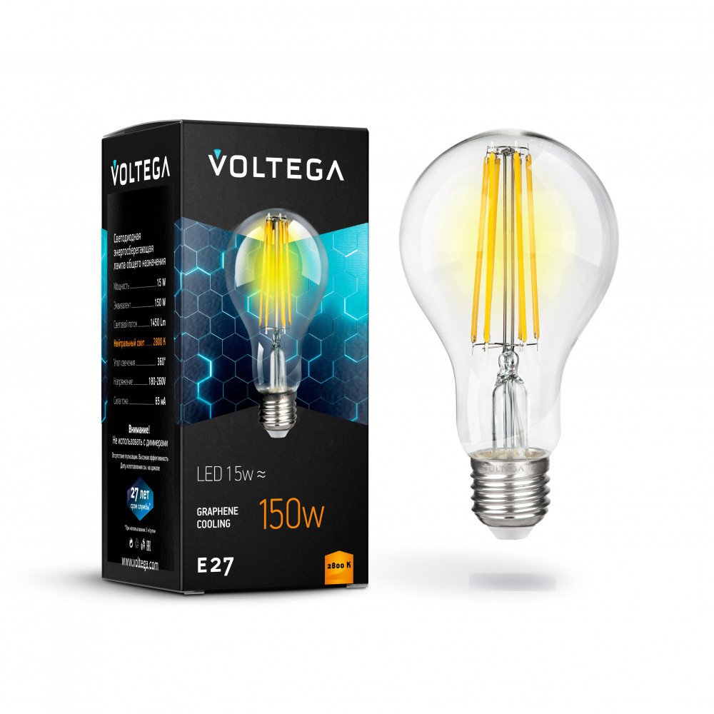 Лампа светодиодная филаментная Voltega E27 15W 2800К прозрачная VG10-A1E27warm15W-F 7104. 