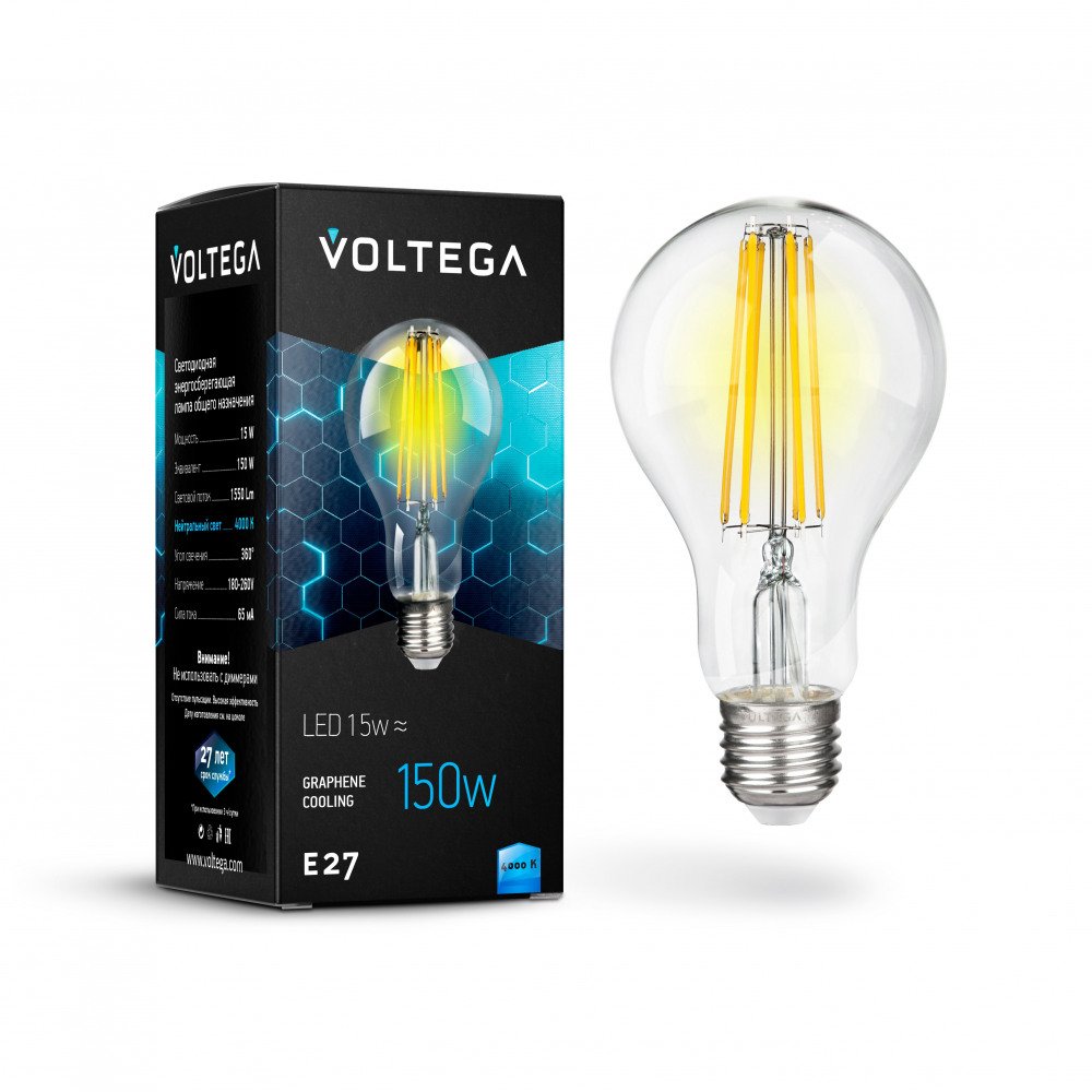 Лампа светодиодная филаментная Voltega E27 15W 4000К прозрачная VG10-A1E27cold15W-F 7103. 