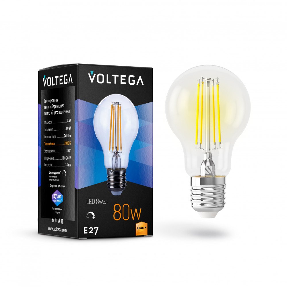 Лампа светодиодная филаментная Voltega диммируемая E27 8W 2800К прозрачная VG10-А1E27warm8W-FD 5489. 