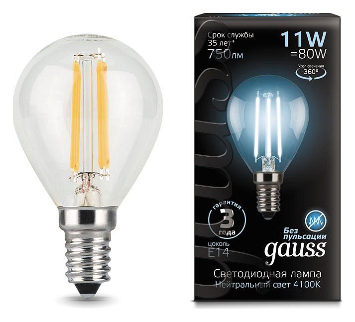 Лампа светодиодная филаментная Gauss E14 11W 4100К прозрачная 105801211. 