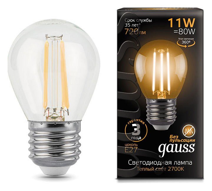 Лампа светодиодная филаментная Gauss E27 11W 2700K прозрачная 105802111. 