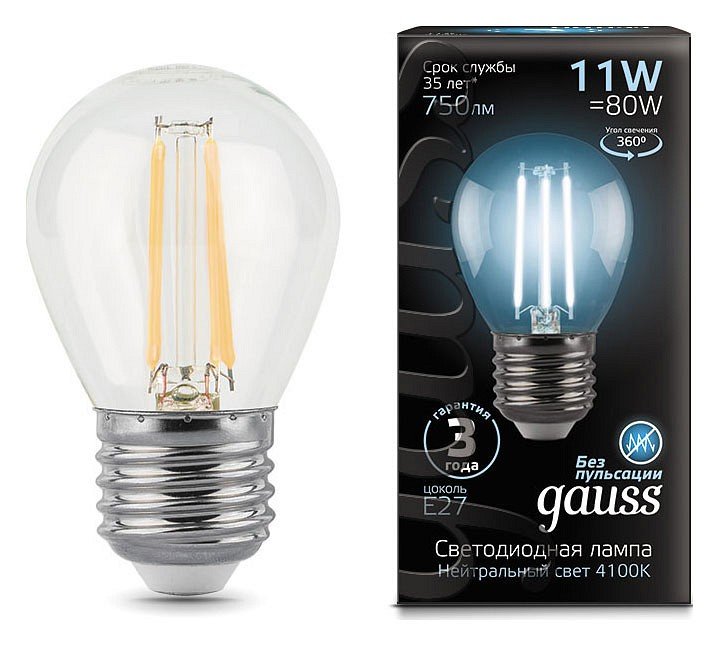 Лампа светодиодная филаментная Gauss E27 11W 4100K прозрачная 105802211. 