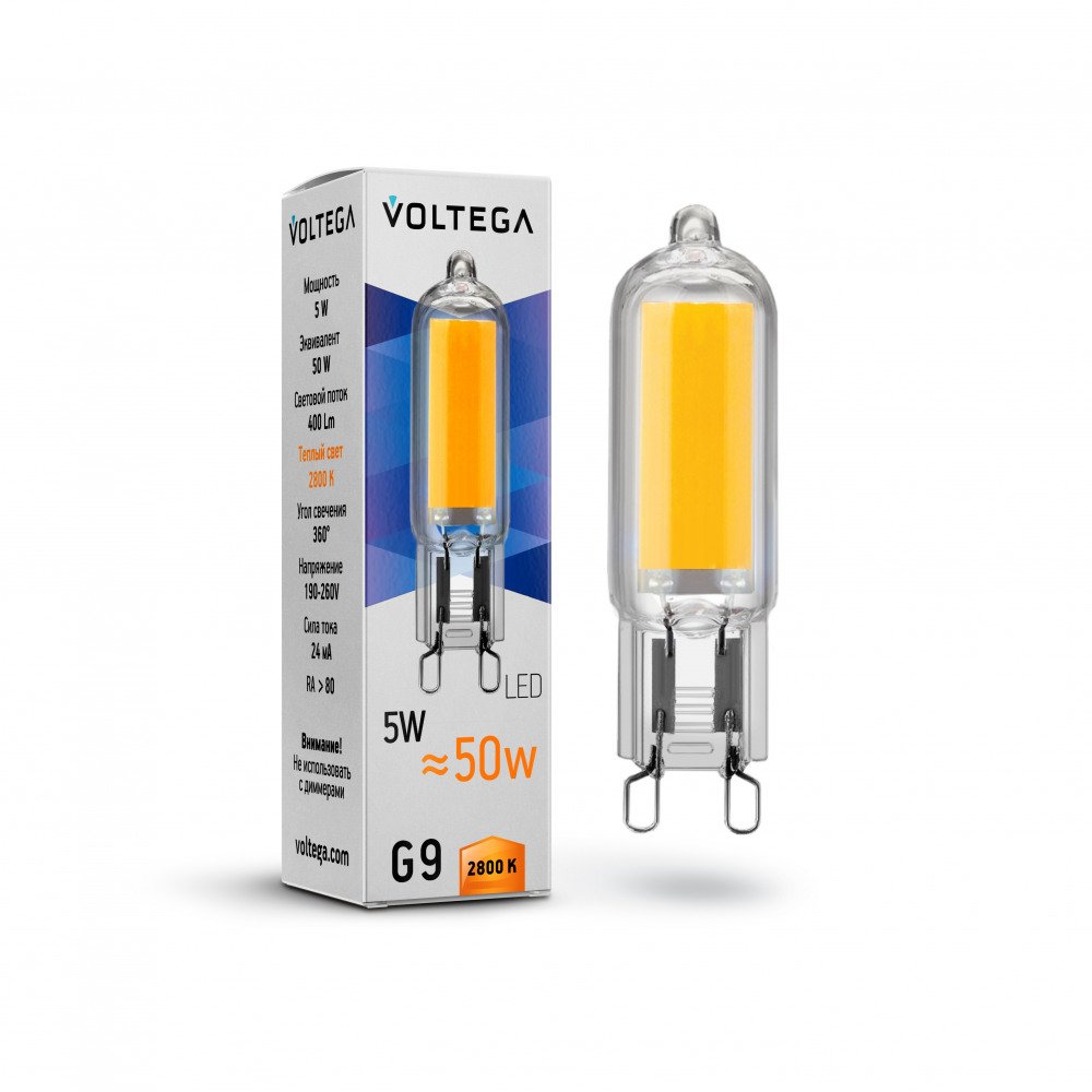 Лампа светодиодная Voltega G9 5W 2800К прозрачная VG9-K1G9warm5W 7090. 