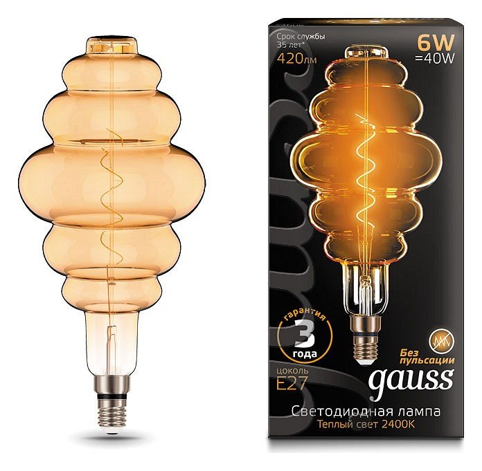 Лампа светодиодная филаментная Gauss E27 6W 2400K золотая 158802006. 