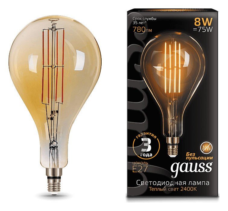 Лампа светодиодная филаментная Gauss E27 8W 2400K золотая 149802008. 