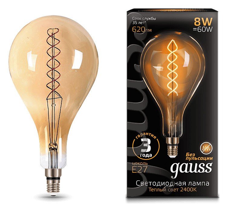 Лампа светодиодная филаментная Gauss E27 8W 2400K золотая 150802008. 
