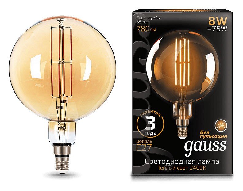 Лампа светодиодная филаментная Gauss E27 8W 2400K золотая 153802008. 