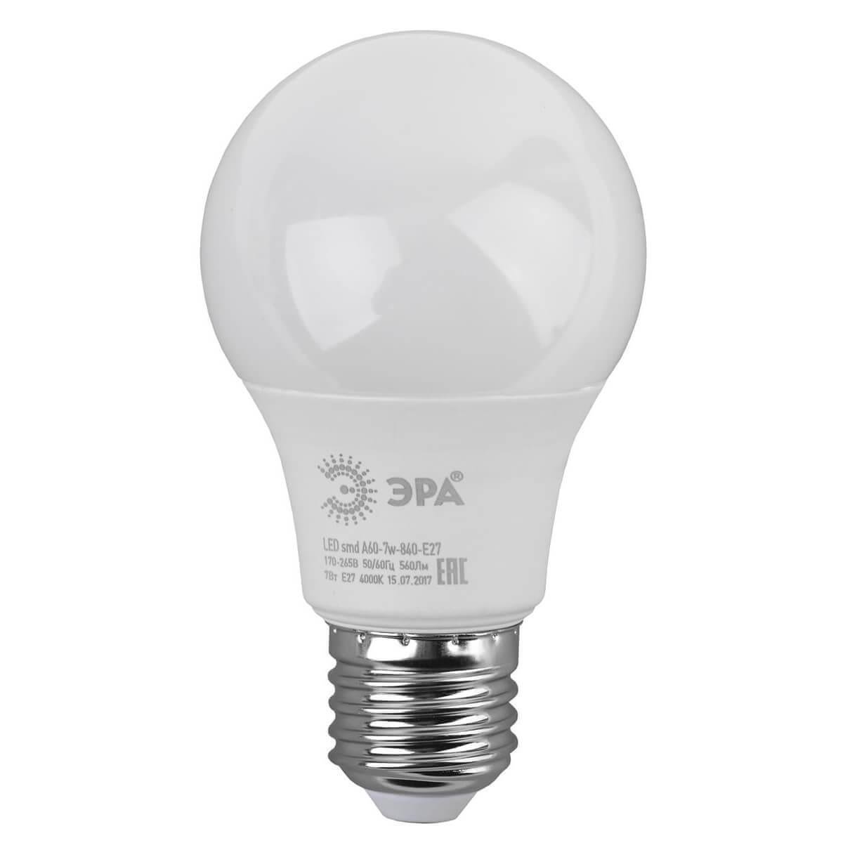 Лампа светодиодная ЭРА E27 7W 4000K матовая LED A60-7W-840-E27. 