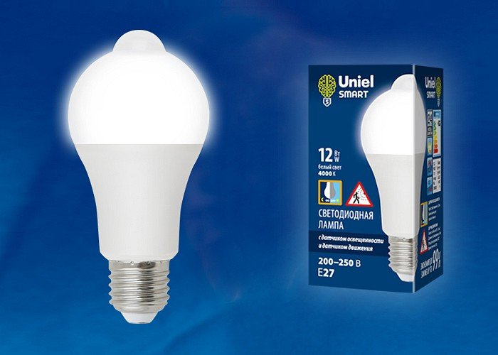 Лампа светодиодная (UL-00005713) Uniel E27 12W 4000K матовая LED-A60-12W/4000K/E27/PS+MS PLS10WH. 