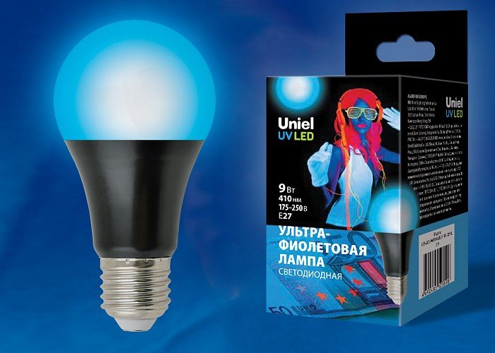 Лампа светодиодная ультрафиолетовая (UL-00005855) Uniel E27 9W матовая LED-A60-9W/UVAD/E27/FR PLZ07BK. 
