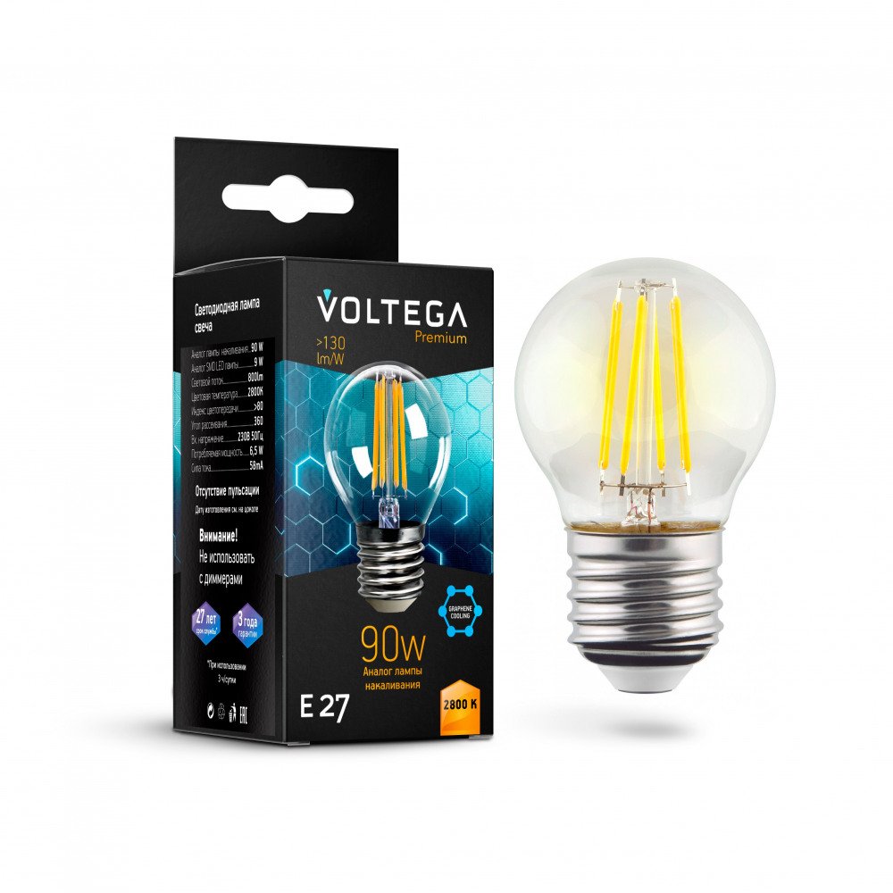 Лампа светодиодная Voltega E27 6,5W 2800K прозрачная VG10-G45E27warm9W-F 7138. 